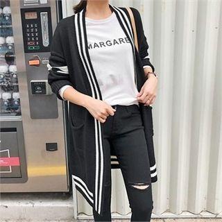 Contrast-trim Open-front Long Cardigan Black - One Size