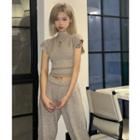 Set: Cutout-back Knit Top + Loose Fit Pants