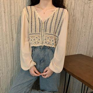 Long-sleeve Knit Panel V-neck Blouse