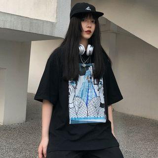 Round-neck Printed Elbow-sleeve T-shirt Black - One Size