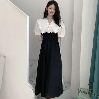 Puff-sleeve Peter Pan-collar Midi A-line Dress