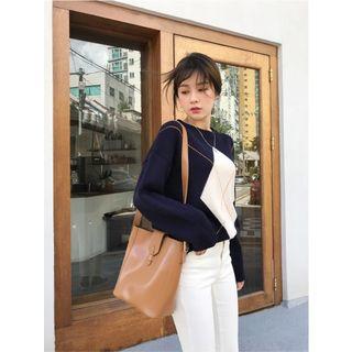 Argyle-front Boxy Sweater Navy Blue - One Size