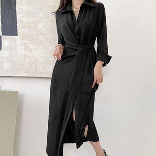 Tie-front Asymmetrical Midi Shirtdress
