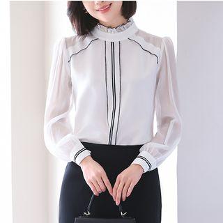 Long-sleeve Mock-neck Contrast Lining Blouse