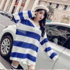 Oversized Long-sleeve V-neck Striped Sweater Blue & White - One Size