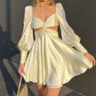 Puff Sleeve Twisted Satin Open-back A-line Dress