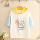 Elephant Print Color Block Short Sleeve Hoodie As Shown In Figure - One Size