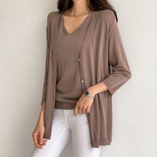 V-neck 3/4-sleeve Linen Blend Cardigan