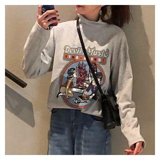 Mock Turtleneck Long-sleeve Printed Top