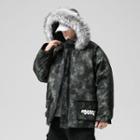 Letter Printed Faux Fur Hooded Camo Padded Coat