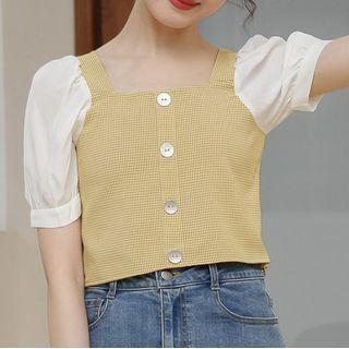 Short-sleeve Plaid Panel Blouse Yellow - One Size