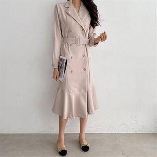 Double-breasted Ruffle-hem Coatdress With Belt