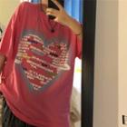 Short-sleeve Heart Print Lettering T-shirt As Shown In Figure - One Size