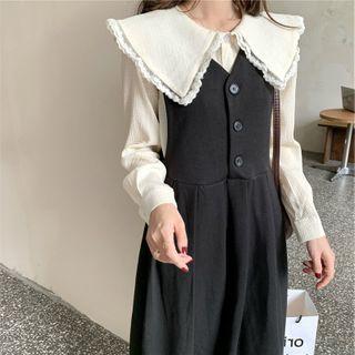 Puff-sleeve Lace Trim Blouse / Midi Pinafore Dress