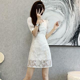 Short-sleeve Floral Mesh Mini Sheath Dress