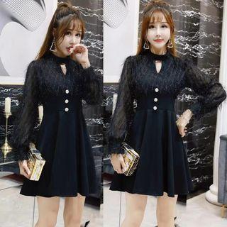 Fringed Cutout Long-sleeve Mini A-line Dress