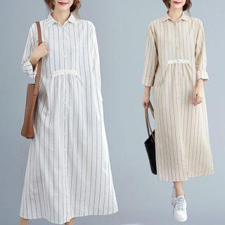 Long-sleeve Striped Henley Midi Shirtdress
