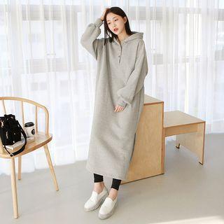 Half-placket Fleece-lined Maxi Hoodie Dress