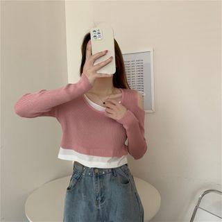 Mock Two-piece Cold-shoulder Cropped Top