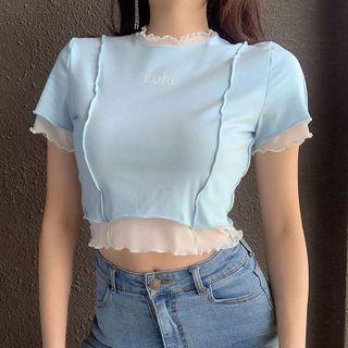 Mock Two-piece Short-sleeve Frill Trim Crop Top