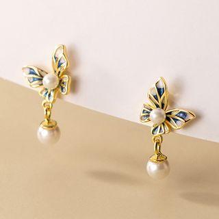 Butterfly Sterling Silver Faux Pearl Earring