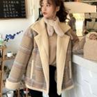 Fleece-lined Plaid Biker Jacket White - One Size