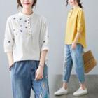 Elbow-sleeve Star Embroidered Henley Blouse