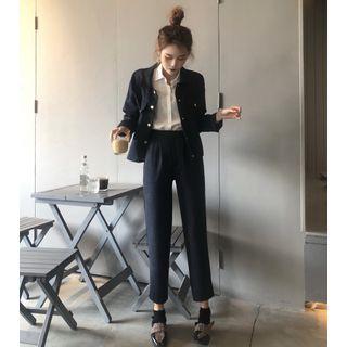 Long Sleeve Lace-up Shirt / Plain Dress Pants / Mini A-line Skirt