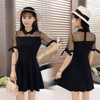 Dotted Mesh Panel Collared A-line Dress