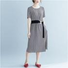 Patterned Short-sleeve Midi Shift Dress With Sash As Shown In Figure - One Size