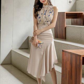 Set: Sleeveless Floral Print Blouse + A-line Skirt