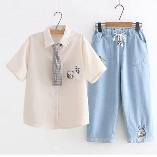 Pocket Detail Short-sleeve Shirt / Cropped Jeans / Set