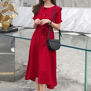 Short-sleeve A-line Midi Shirtdress With Sash