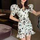 Puff-sleeve Floral Mini Mermaid Dress