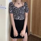 Zebra Print Short-sleeve Shirred Cropped Top As Shown In Figure - One Size