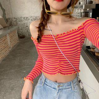 Striped Off-shoulder Long-sleeve Slim-fit Top