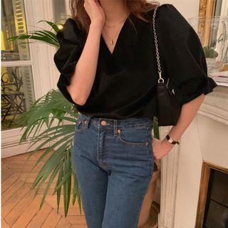 Puff-sleeve Plain V Neck Top Black - One Size