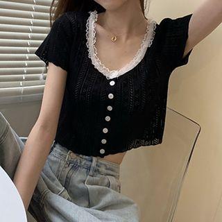 Short Sleeve Lace Trim Eyelet Knit Top