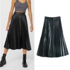 Faux Leather Midi A-line Pleated Skirt
