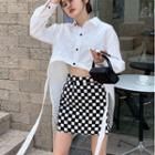 High-low Crop Shirt / Checkered Mini Fitted Skirt