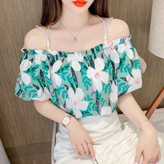 Short-sleeve Cold Shoulder Faux Pearl Trim Chiffon Blouse