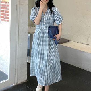 Short-sleeve Gingham Henley Midi Dress