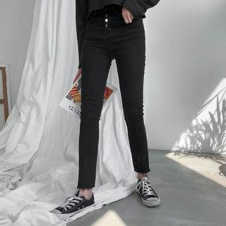 Button-fly Distressed Slim-fit Pants