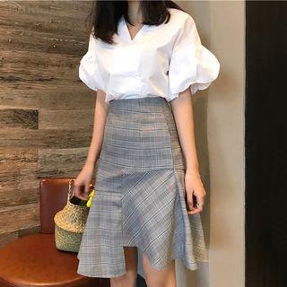Plain Elbow-sleeve Blouse / Plaid Irregular A-line Skirt