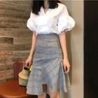 Plain Elbow-sleeve Blouse / Plaid Irregular A-line Skirt