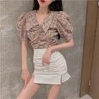 Floral Puff-sleeve Shirred Cropped Blouse / Shirred Mini Pencil Skirt