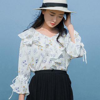 Floral Print 3/4-sleeve Ruffled Chiffon Blouse