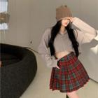 Zip-up Cropped Jacket / Plaid Pleated Skirt