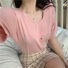 Elbow-sleeve Letter T-shirt / Plaid Mini Pencil Skirt