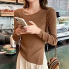 Asymmetric Neckline Drawstring Long-sleeve Knit Top Brown - One Size